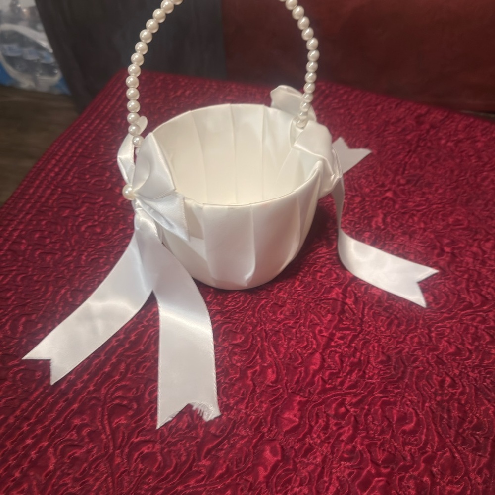 White Satin Flower Girl Basket with Pearl Handle